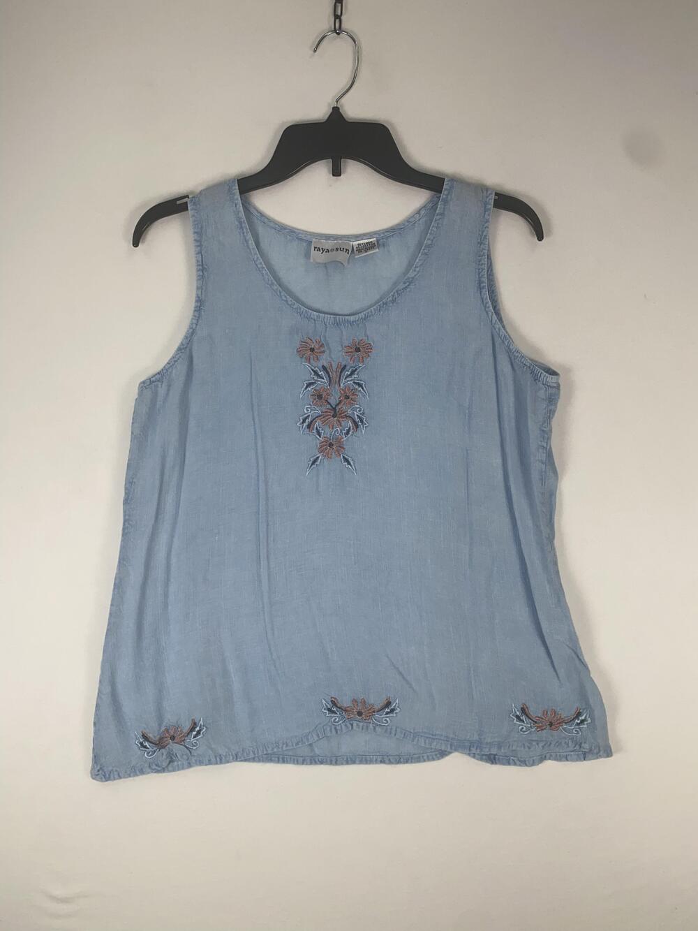 Raya Sun Tank Top Womens Large Blue Embroidered Linen Sleeveless Scoop Neck